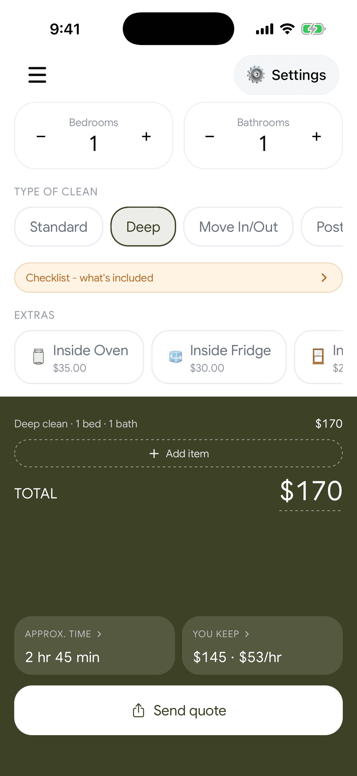 The cleaning price calculator in the app: a deep clean of a 1 bed, 1 bath home for $170