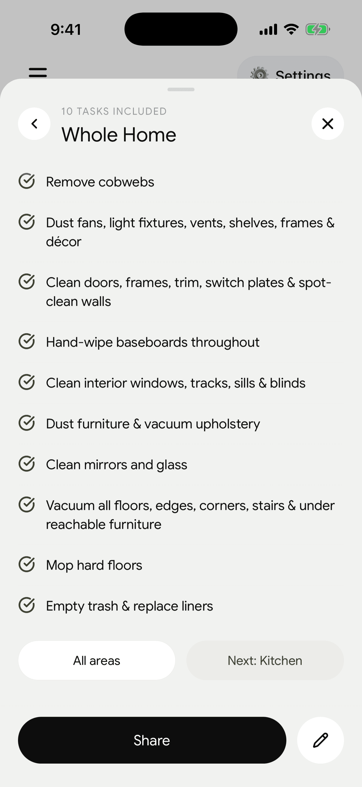 Cleaning checklist in the app: every task included in a whole-home clean
