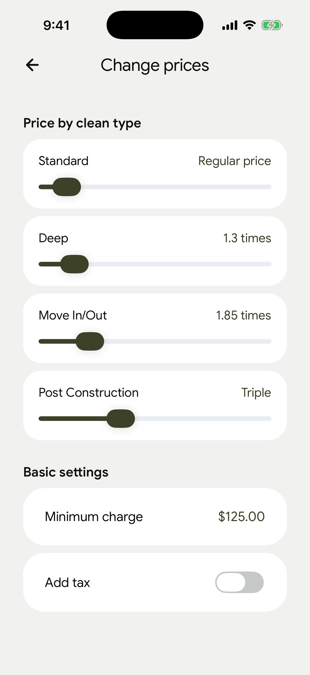 The app's price settings by type of cleaning: standard, deep, move-out and post-construction